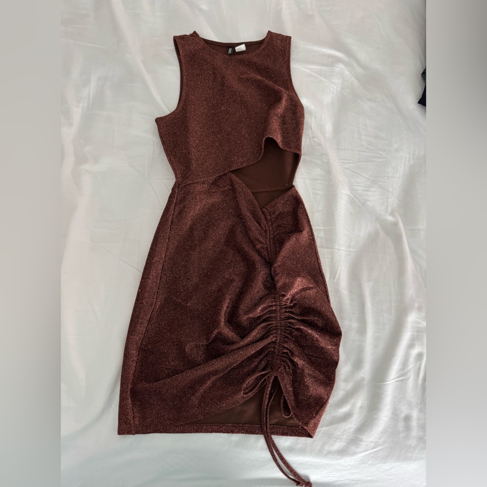 H&M Shimmery Rust Cutout Ruched Mini Dress